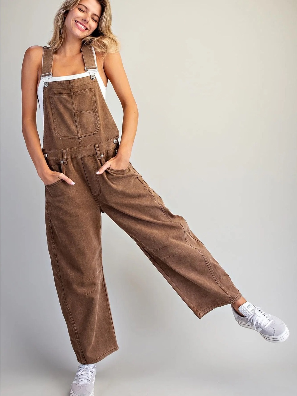 Washed Brown Eesome Barrel Horseshoe Jumpsuit Overalls - Picture 6 of 9